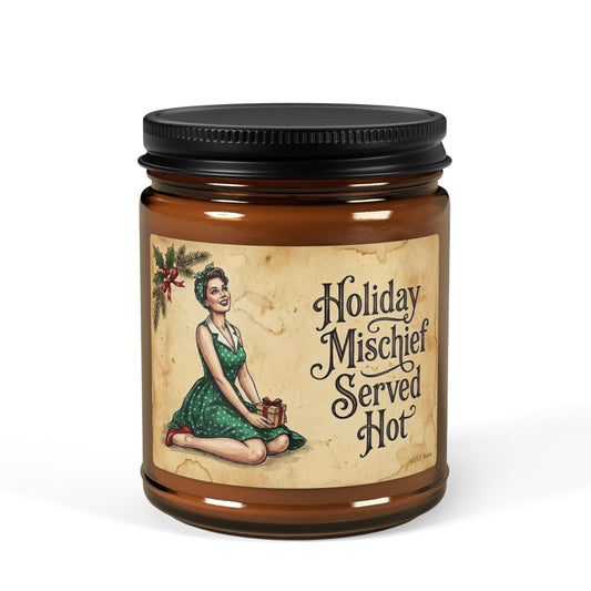 Holiday Mischief Served Hot vintage pin-up Christmas soy candle in amber glass jar