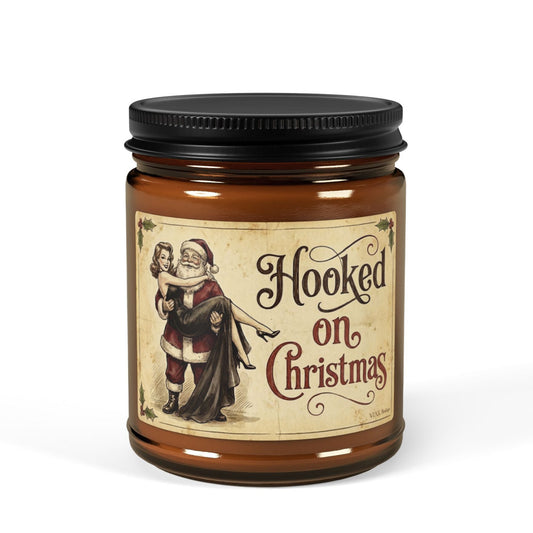 Hooked on Christmas vintage Santa and pin-up lady soy candle in amber glass jar